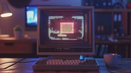 Poster - Retro computer monitor with pixelated graphics   AI generated illustration