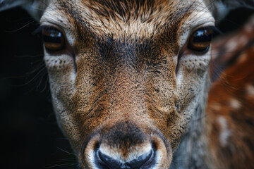 Wall Mural - A deer with brown fur and white spots is staring at the camera. The image has a moody and mysterious feel to it, as if the deer is looking directly into the viewer's soul