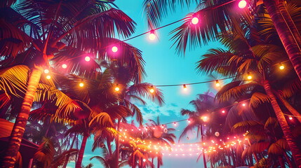 Cool modern flyer for a summer party featuring palm trees and garlands