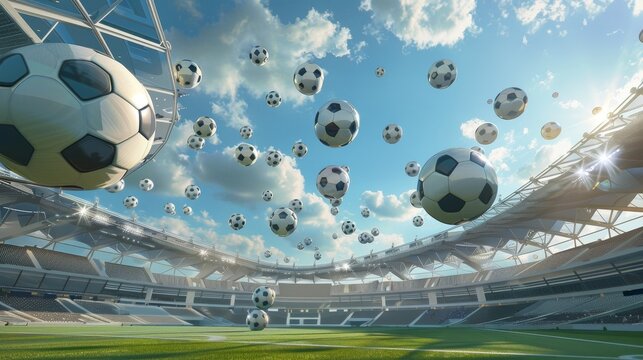 Soccer balls floating in a D-rendered stadium   AI generated illustration