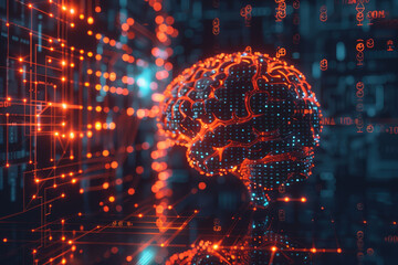 Poster - A brain is shown in a computer generated image with a lot of red and blue lights surrounding it. Concept of technology and artificial intelligence, as well as the complexity
