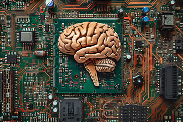 Poster - A computer chip with a brain on it. The brain is made of metal and is surrounded by wires