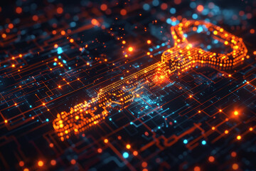 Poster - A key is shown in a computer screen with a lot of lights. The key is orange and blue