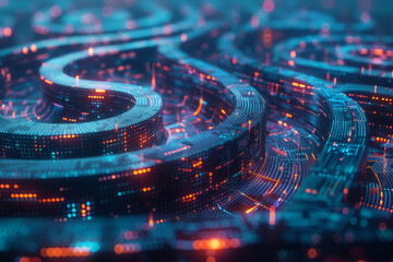 Fototapete - A computer generated image of a city with a blue and orange background. The image is abstract and has a futuristic feel to it