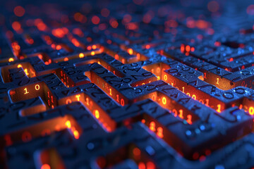 Fototapete - A maze of numbers and letters with a blue background. The numbers are lit up in red. The maze is made of blocks and he is a computer program