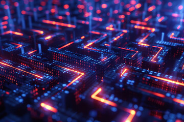 Poster - A computer chip with a blue background and red lines. The lines are in a zigzag pattern