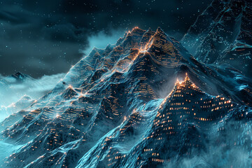 Poster - A mountain range with a blue sky in the background. The mountains are lit up with orange and red lights