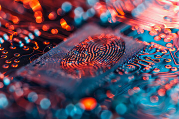 Poster - A close up of a fingerprint on a circuit board. The image has a mood of mystery and intrigue. The image also has a futuristic feel