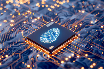 Poster - A computer chip with a fingerprint on it. Concept of technology and security