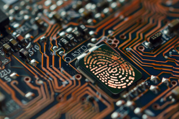 Poster - A close up of a circuit board with a fingerprint on it. The fingerprint is in the center of the board and is surrounded by a green border. Concept of mystery and intrigue