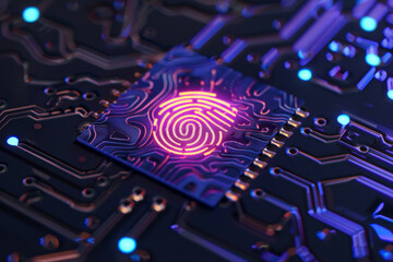 Poster - A computer chip with a fingerprint on it. The fingerprint is glowing in the dark. Concept of mystery and intrigue