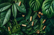 A bunch of pills and leaves are on a leafy green background. The pills are scattered around the leaves, with some of them being larger and others smaller. Concept of natural beauty and health