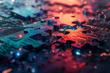 Wall Mural - A jigsaw puzzle of a computer chip. The puzzle is made up of many pieces, and the colors are bright and vibrant. Concept of excitement and energy, as if the puzzle is a representation of the complex