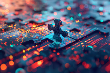 Fototapete - A puzzle piece is placed on a colorful background. The puzzle piece is surrounded by a lot of lights and it looks like it is part of a larger puzzle. Scene is playful and whimsical