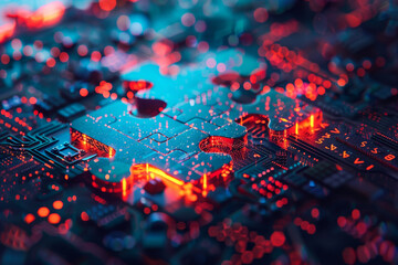 Poster - A jigsaw puzzle piece is shown in a blue and red color scheme. The image has a futuristic and abstract feel to it, with the puzzle piece appearing to be a part of a larger electronic device