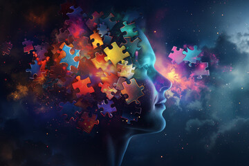 Poster - A colorful puzzle piece head with a face and a star in the background. The puzzle pieces are scattered all over the image, creating a sense of chaos and disarray. Scene is one of confusion
