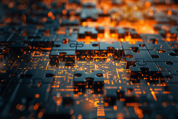 Fototapete - A close up of a jigsaw puzzle with a black background and orange pieces. The puzzle is made up of many small pieces that are all different shapes and sizes. The image has a futuristic