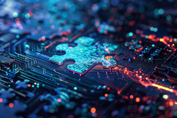 Fototapete - A jigsaw puzzle piece is shown in a blue and red color scheme. The image has a futuristic and technological feel to it, with the blue and red colors representing the digital world