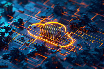 Poster - A computer chip with a building on it. The image has a futuristic and technological feel to it