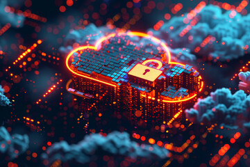 Poster - A computer security lock is shown in a colorful, abstract style. The lock is surrounded by a cloud of bright colors, giving the impression of a futuristic, high-tech device. Scene is one of excitement