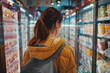 A woman is shopping in a store with a yellow jacket on. She is looking at the ice cream section