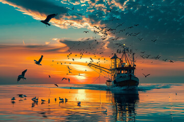 Wall Mural - A boat is sailing in the ocean with a beautiful sunset in the background. The sky is filled with birds flying around the boat