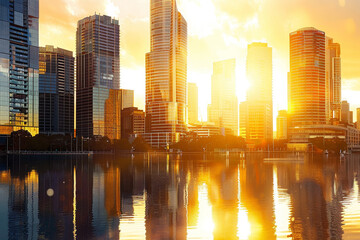 Wall Mural - The sun is setting over a city skyline, casting a warm glow on the buildings. The reflection of the sun can be seen on the glass windows of the skyscrapers, creating a beautiful and serene atmosphere