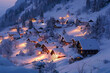 A small town in the mountains is lit up at night. The houses are lit up with lights, creating a warm and cozy atmosphere. The snow-covered landscape adds to the beauty of the scene