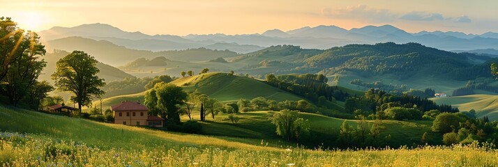 Wall Mural - Green hills and beautiful blue sky, nature background