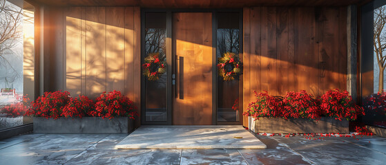 Wall Mural - Entrance door to an ultra-modern house decorated for Christmas on a sunny day. Christmas holidays. Christmas decorations.