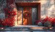 Entrance door to an ultra-modern house decorated for Christmas on a sunny day. Christmas holidays. Christmas decorations.