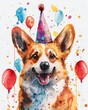 Corgi Birthday Celebration Watercolor Art Generative AI