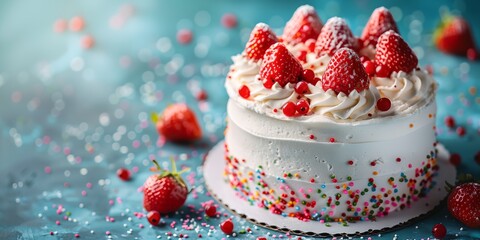 Wall Mural - Cake with strawberries and sprinkles on top. The cake is placed on a blue background