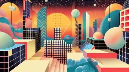 Wall Mural - Memphis style design with isolated flying structures   AI generated illustration