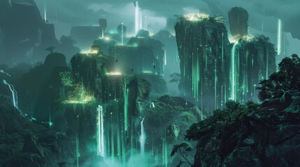 Poster - Surreal floating mountains with glowing waterfalls and bioluminescent plants   AI generated illustration