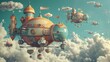 Whimsical 3d art featuring surreal flying objects in a retro aesthetic   AI generated illustration