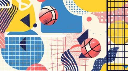 Wall Mural - Volleyballs and nets in a whimsical Memphis-style design   AI generated illustration