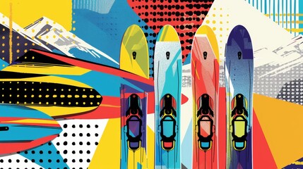 Poster - Water skiing skis and vests in an abstract Memphis-style scene   AI generated illustration
