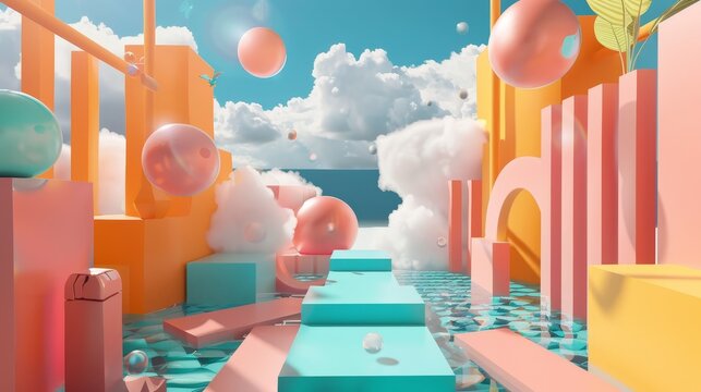 Whimsical 3d art showcasing flying shapes in a memphis-style setting   AI generated illustration