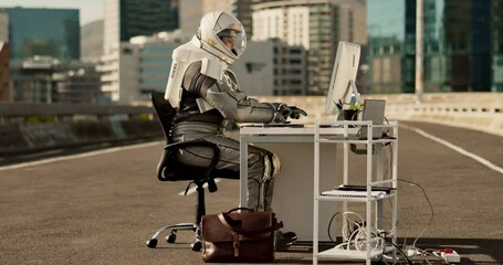 Wall Mural - Planet, computer and astronaut at desk in street for research, information and signal at work station. Futuristic fantasy, science fiction and spaceman on technology for discovery on abandoned world