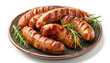 Plate with delicious grilled sausages on a white background