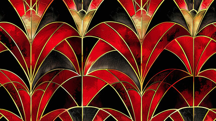 Wall Mural - seamless abstract leaves wallpaper art deco pattern, vitro or watercolor look, gold, black and red colors, church stained glass