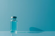 flu shot vial dose of blue liquid on a blue backdrop, symbolizing protection against seasonal illnesses and promoting awareness,