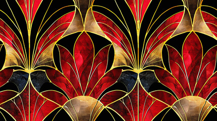 Wall Mural - seamless abstract leaves wallpaper art deco pattern, vitro or watercolor look, gold, black and red colors, church stained glass