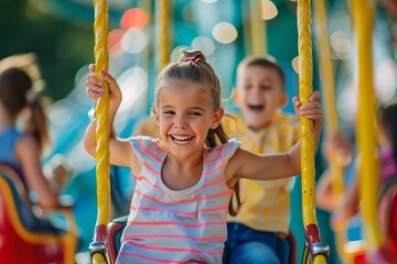 Two children having fun on a fair carousel