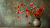 Fototapeta  - A serene still life setup featuring an ikebana arrangement with poppies, artfully positioned to evoke a sense of peace and traditional beauty