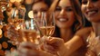 © BrightWhite - Joyful diverse group of friends toasting with sparkling wine, warm festive lights, celebration mood, New Year's Eve party theme.