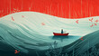 Illustration d'une personne navigant dans une barque, sur un fleuve. Plantes, nature. Couleurs rouge et bleu. Paysage, eau. Pour conception et création graphique.