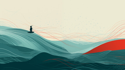 Illustration d'une personne navigant dans une barque, sur un fleuve. Plantes, nature. Couleurs rouge et bleu. Paysage, eau. Pour conception et création graphique.