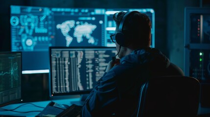 Poster - Cybersecurity Expert Monitoring Network Activity at Night